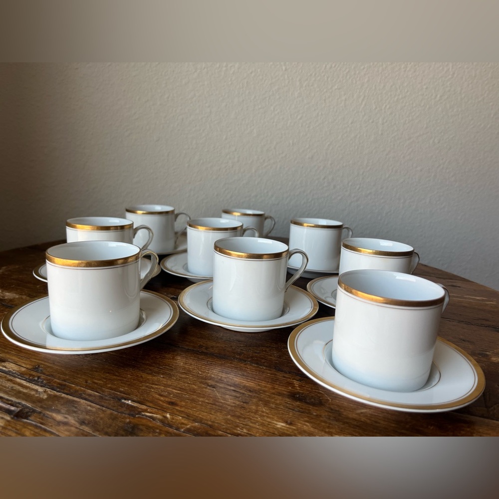 Fitz and Floyd Palais Buff Pattern Flat cup or Demitasse & Saucer Set, Set of 9